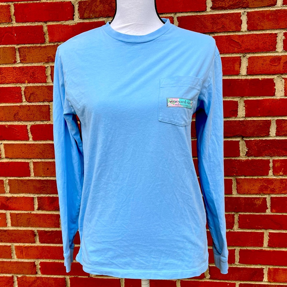 Vineyard Vines Martha Vineyard Long Sleeve Blue T Shirt Womens XS Breast Pocket